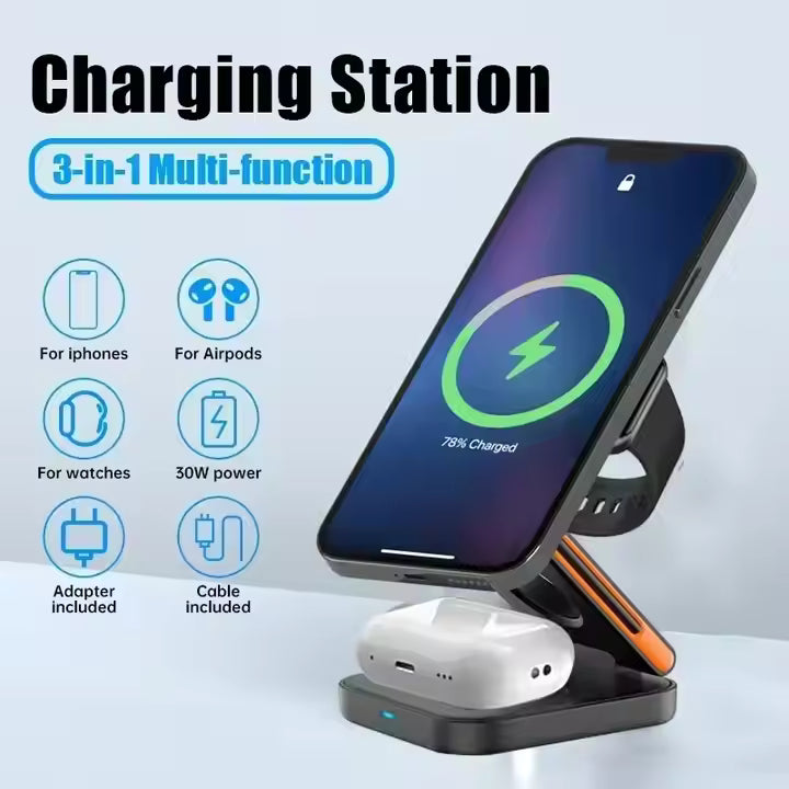 Chargeur sans fil magnétique pliable 3-en-1